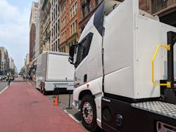 An Einride electric tractor parked behind a cab-less Autonomous Electric Transport on West 23rd Street in Manhattan on June 8. An Einride electric tractor parked behind a cab-less Autonomous Electric Transport on West 23rd Street in Manhattan on June 8.