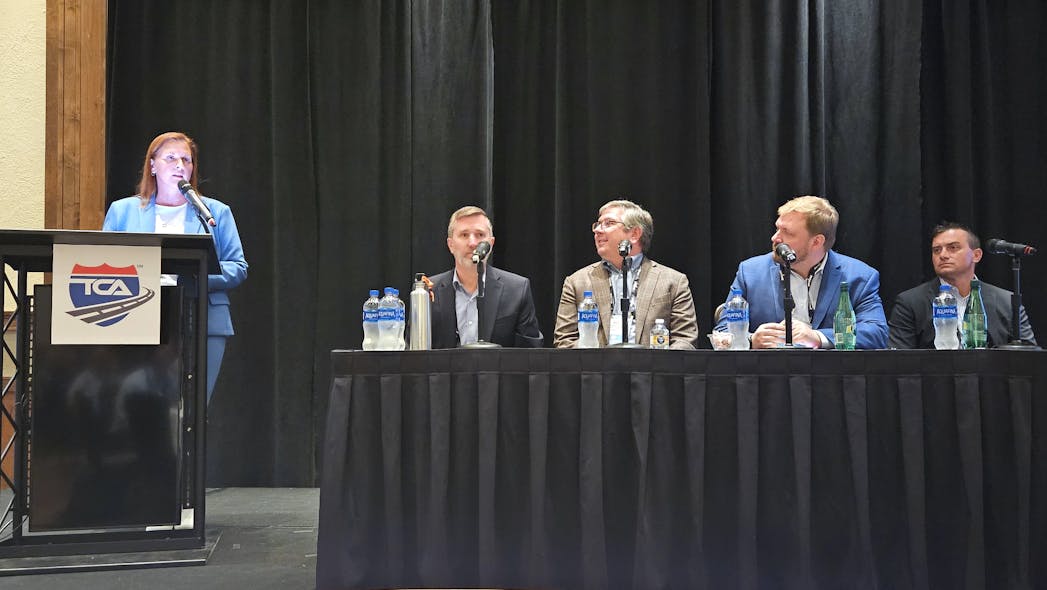 From left to right are Amber Edmondson, 2023-24 TCA refrigerated division chairman, Carrier Transicold&rsquo;s Patrick McDonald and Bill Maddox, and Thermo King&rsquo;s Sam Doerr, and Larry Risi, who discussed technicians, parts, and temperature-controlled developments during TCA&rsquo;s 2023 Refrigerated Meeting in Park City, Utah.