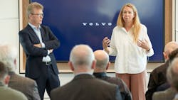 Volvo Trucks President Roger Alm, left, and Jessica Sandstr&ouml;m, Volvo Trucks head of product management, at the Volvo Trucks global headquarters in Gothenburg, Sweden.