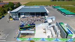 The hydrogen refueling station in Hofolding, Germany, is replenished a few times a month by the tank inside the trailer on the right. It is regularly swapped out with green hydrogen developed in southern Germany. The hydrogen refueling station in Hofolding, Germany, is replenished a few times a month by the tank inside the trailer on the right. It is regularly swapped out with green hydrogen developed in southern Germany.