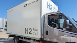 Quantron fuel cell technology powers this medium-duty box truck. Quantron fuel cell technology powers this medium-duty box truck.