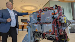 Thomas Wintrich, Bosch’s head of Fuel Cell Mobility Solutions, goes over a fuel cell power module at the company’s Stuttgart-Feuerbach plant.