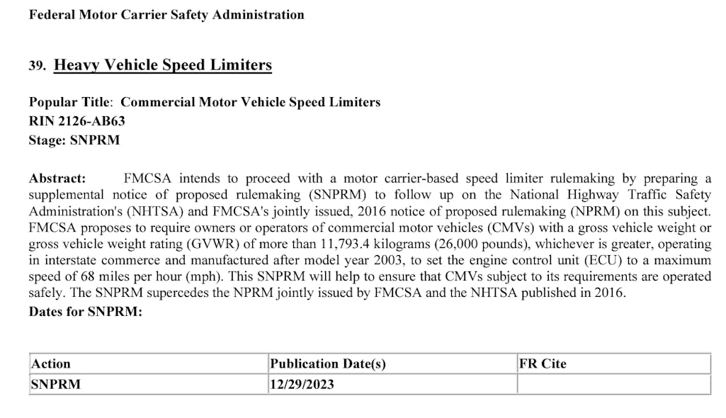 The initial notice published on the DOT&apos;s regulatory update page specified the rulemaking notice would call for an ECU-set speed limit of 68 mph. That notice was soon replaced, without the proposed speed limit.