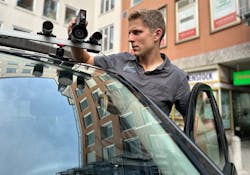 Piotr Swierczynski, director of engineering at Nodar, shows off one of the stereo vision cameras on a test vehicle. Piotr Swierczynski, director of engineering at Nodar, shows off one of the stereo vision cameras on a test vehicle.
