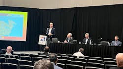 Mike Gomes, VP of maintenance at Bison Transport, addresses the audience at ATA MCE. Mike Gomes, VP of maintenance at Bison Transport, addresses the audience at ATA MCE.