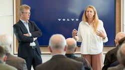 Volvo Trucks President Roger Alm, left, and Jessica Sandstr&ouml;m, Volvo Trucks head of product management, speak at the Volvo Trucks global headquarters in Gothenburg, Sweden.