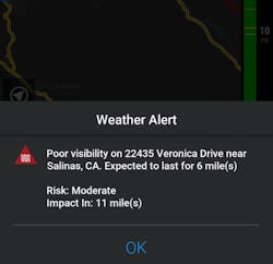 The driver can tap an alert icon to display more information about the alert, including its location along the route, and its distance from their current location. The driver can tap an alert icon to display more information about the alert, including its location along the route, and its distance from their current location.