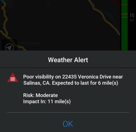The driver can tap an alert icon to display more information about the alert, including its location along the route, and its distance from their current location.