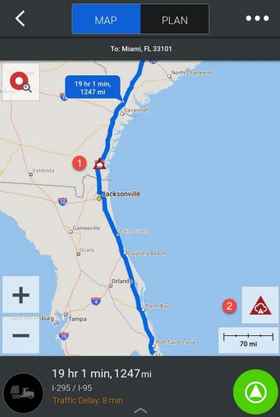 After all the stops on the route have been entered into CoPilot, or sent to CoPilot via dispatch, a driver can tap the map screen to view the full route path and look for weather alerts. The alerts are based on the predicted weather conditions at the time the driver is expected to reach that point in the route.