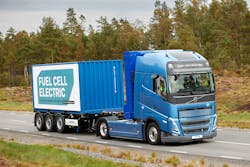 A Volvo hydrogen fuel cell electric truck operates on a test track in Sweden in September 2023. It is using technology it developed with rival Daimler in Europe.