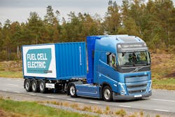 A Volvo hydrogen fuel cell electric truck operates on a test track in Sweden in September 2023. It is using technology it developed with rival Daimler in Europe. A Volvo hydrogen fuel cell electric truck operates on a test track in Sweden in September 2023. It is using technology it developed with rival Daimler in Europe.