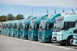 Heavy-duty battery-electric Volvo models, made for the European market, line up at Volvo Trucks&apos; proving grounds in Sweden.