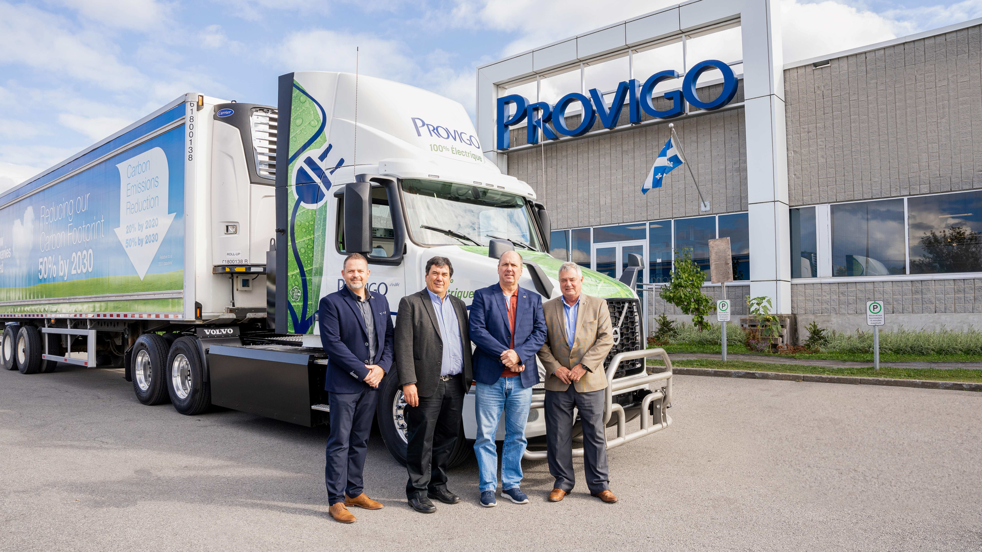 Loblaw Companies takes delivery of their first two Volvo VNR Electric trucks to service stores in the Greater Montreal Area. Pictured left to right are Matthew Blackman, regional vice president for Canada, Volvo Trucks North America; Michel Larocque, president of Camions Montreal; Wayne Scott, senior director, transport maintenance, Loblaw Companies; and Paul Kudla, managing director for Canada, Volvo Trucks North America.
