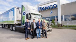 Loblaw Companies takes delivery of their first two Volvo VNR Electric trucks to service stores in the Greater Montreal Area. Pictured left to right are Matthew Blackman, regional vice president for Canada, Volvo Trucks North America; Michel Larocque, president of Camions Montreal; Wayne Scott, senior director, transport maintenance, Loblaw Companies; and Paul Kudla, managing director for Canada, Volvo Trucks North America.