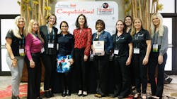 Iris Austin, people and culture director for Volvo Trucks North America, (holding award) accepted the “2023 Top Companies for Women to Work for in Transportation” award on behalf of the company at the Accelerate! Conference & Expo, hosted by the Women in Trucking Association, November 5-8, 2023, in Dallas, Texas. She was joined by the numerous successful women representing Volvo (pictured left to right): Ashley Blanton; Stephanie Thornton; Lizzie Roberts; Amrita Rane; Jennifer Hedrick, president, Women in Trucking Association; Iris Austin; Shannon Ancel; Stephanie Gallegos (back); Leanne Schertzer and Sidney Donavant. Iris Austin, people and culture director for Volvo Trucks North America, (holding award) accepted the “2023 Top Companies for Women to Work for in Transportation” award on behalf of the company at the Accelerate! Conference & Expo, hosted by the Women in Trucking Association, November 5-8, 2023, in Dallas, Texas. She was joined by the numerous successful women representing Volvo (pictured left to right): Ashley Blanton; Stephanie Thornton; Lizzie Roberts; Amrita Rane; Jennifer Hedrick, president, Women in Trucking Association; Iris Austin; Shannon Ancel; Stephanie Gallegos (back); Leanne Schertzer and Sidney Donavant.