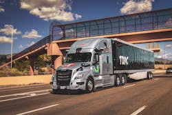 A Torc Robotics Freightliner Cascadia operates on a New Mexico highway. A Torc Robotics Freightliner Cascadia operates on a New Mexico highway.