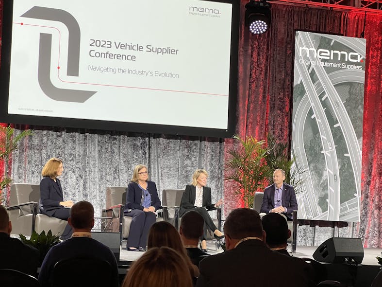 Industry executives discuss regulations and emissions. From left to right: Julie Fream, president and CEO, MEMA OE Suppliers; Ann Wilson, SVP MEMA D.C. MEMA; Sandy Stojkovski, CEO NA Vitesco Technologies; and Dan Nicholson, VP strategic technology initiatives, General Motors.