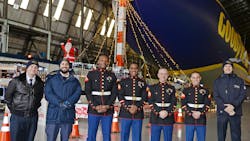 Goodyear Airships associates and U.S. Marine Corps Reserve members pose in front of the Goodyear Blimp at past Toys for Tots donation drives. Goodyear Airships associates and U.S. Marine Corps Reserve members pose in front of the Goodyear Blimp at past Toys for Tots donation drives.