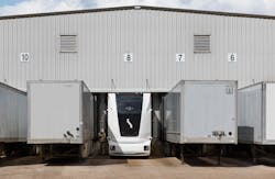 An Einride Autonomous Electric Transporter docks at a GE Appliances facility in Selmer, Tennessee. An Einride Autonomous Electric Transporter docks at a GE Appliances facility in Selmer, Tennessee.