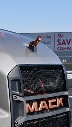 The copper version of the iconic Mack bulldog denotes an electric vehicle.