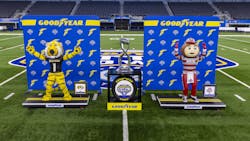 Ohio State University&apos;s Brutus Buckeye and University of Missouri&apos;s Truman the Tiger were crafted this year from more than 280 Goodyear-branded tires and 24,000 hidden staples.