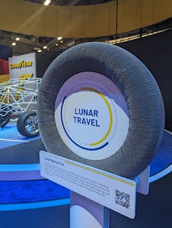 For the fleets really looking to aim high, Goodyear also showed off its lunar spring tire, which the company developed for NASA in 2008. The airless spring tire was designed to transport large, long-range vehicles across the moon's surface. Made with 800 load-bearing springs, it was created to carry heavy vehicles over longer distances than previous lunar vehicle tires. For the fleets really looking to aim high, Goodyear also showed off its lunar spring tire, which the company developed for NASA in 2008. The airless spring tire was designed to transport large, long-range vehicles across the moon's surface. Made with 800 load-bearing springs, it was created to carry heavy vehicles over longer distances than previous lunar vehicle tires.