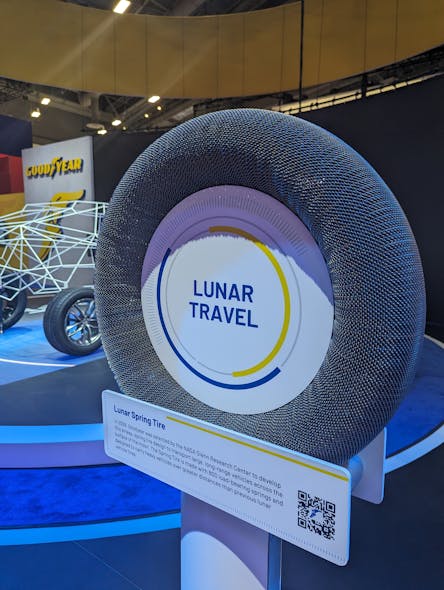 For the fleets really looking to aim high, Goodyear also showed off its lunar spring tire, which the company developed for NASA in 2008. The airless spring tire was designed to transport large, long-range vehicles across the moon&apos;s surface. Made with 800 load-bearing springs, it was created to carry heavy vehicles over longer distances than previous lunar vehicle tires.