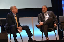 MacKay & Co VP John Blodgett, left, discusses the truck production forecast with Mack Trucks President Jonathan Randall at HDAD. MacKay & Co VP John Blodgett, left, discusses the truck production forecast with Mack Trucks President Jonathan Randall at HDAD.