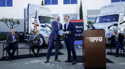 Leaders from Performance Food Group and Hyzon celebrate the delivery of four fuel cell electric vehicles in Fontana, Calif. From left to right are Pat Griffin, Hyzon North America president; Bappa Banerjee, Hyzon COO; Jeff Williamson, PFG SVP of operations; Parker Meeks, Hyzon CEO; and Jesse Armendarez, San Bernardino County second district supervisor.