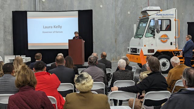 Kansas Gov. Laura Kelly speaks during Orange EV&apos;s event officially opening its new global headquarters in Kansas City, Kansas.