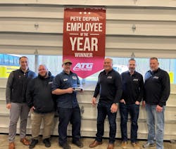 Advantage Truck Group names its 2023 Pete DePina Legacy Award winners. Shown from left are Advantage Truck Group Vice President of Network Truck Sales Christopher Marsh, service manager John Hulten, President and CEO Kevin Holmes, shop foreman Nicholas Sabatino, Parts Director Michael Ramian, and parts manager Kevin Avery.