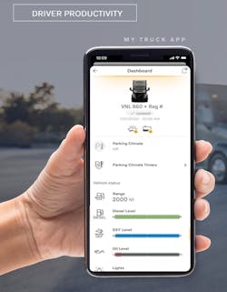 With the Volvo MyTruck app, drivers can access truck data remotely and program the HVAC remotely.