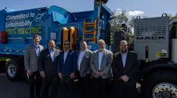 Pictured left to right are Darren Jane, Mack senior district manager, Southeast; Jonathan Randall, president of Mack Trucks North America; Brendon Pantano, CEO of Coastal Waste & Recycling; Tyler Ohlmansiek, Mack director of e-mobility sales; Dennis McDaniel, Mack Regional VP, Southeast; and Ryan Saba, Mack e-mobility energy solutions manager.