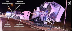 The truck drivers in this crash weren&apos;t injured, but three Greyhound bus passengers suffered fatal injuries.