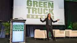 Mary Aufdemberg, GM of product strategy and market development for Daimler Truck North America, gives the keynote address during the the 2024 Green Truck Summit during NTEA's Work Truck Week in Indianapolis.