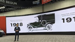 Ram Professional VP Ken Kayser talks about the brand's history leading up to its new fleet offerings this year during a press event at NTEA's Work Truck Week 2024 in Indianapolis. Ram Professional VP Ken Kayser talks about the brand's history leading up to its new fleet offerings this year during a press event at NTEA's Work Truck Week 2024 in Indianapolis.