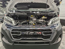 A look under the hood of the 2024 Ram ProMaster, the first official new product from Ram Professional, which launched during NTEA's 2024 Work Truck Week. The new work van can tow up to 6,910 lb. and has a 4,680 lb. payload. A look under the hood of the 2024 Ram ProMaster, the first official new product from Ram Professional, which launched during NTEA's 2024 Work Truck Week. The new work van can tow up to 6,910 lb. and has a 4,680 lb. payload.