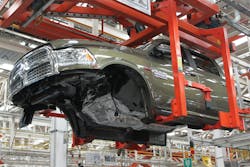 A Ram 2500 moves along the assembly line at Stellantis&apos; Saltillo Truck Assembly Plant in Mexico.