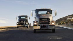 Mack Trucks' new MD Electric models line up on the test track. Mack Trucks' new MD Electric models line up on the test track.