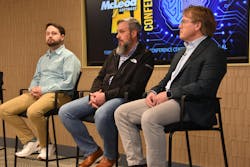 Participating in the carrier and broker portion of the McLeod AI Conference are, from left, John Sutton, Sunset Transportion; Brent Ellis, Decker Truck Line; and Dwight Bassett, The Boyd Companies. Participating in the carrier and broker portion of the McLeod AI Conference are, from left, John Sutton, Sunset Transportion; Brent Ellis, Decker Truck Line; and Dwight Bassett, The Boyd Companies.