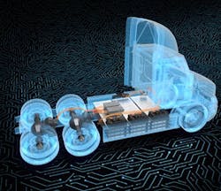The Detroit ePowertrain components are shown in this rendering of a Freightliner eCascadia. The Detroit ePowertrain components are shown in this rendering of a Freightliner eCascadia.