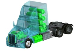 Kenworth's T680 FCEV uses hydrogen fuel cells to power the electric truck, as shown in this rendering of the Class 8 fuel cell system. Kenworth's T680 FCEV uses hydrogen fuel cells to power the electric truck, as shown in this rendering of the Class 8 fuel cell system.