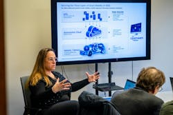 Shira Sarid-Hausirer speaking to a group of automotive journalists at Upstream&apos;s U.S. headquarters in Ann Arbor, Michigan.