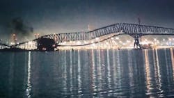 Baltimore's Francis Scott Key Bridge crumbles after container ship strikes it early March 26, 2024. Baltimore's Francis Scott Key Bridge crumbles after container ship strikes it early March 26, 2024.