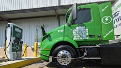 A heavy-duty Volvo VNR Electric truck charges in Hunts Point, New York, one of the most crowded trucking depot areas in the Northeast. A heavy-duty Volvo VNR Electric truck charges in Hunts Point, New York, one of the most crowded trucking depot areas in the Northeast.