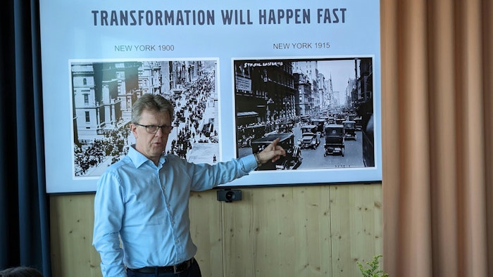 Volvo Trucks President Roger Alm discusses the transportation industry's transformation to green power technologies at World of Volvo in April 2024.