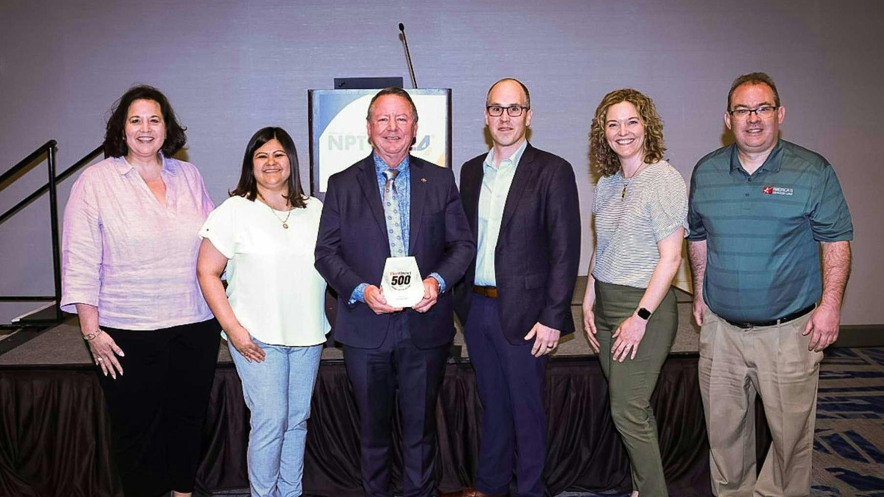 America&rsquo;s Service Line, the private fleet for American Foods Group was named the 2024 FleetOwner Private Fleet of the Year. Pictured at an NPTC 2024 ceremony are ASL team members Ellen Ingram, senior director of HR and safety, left; Xochil Rodarte, director of sales; Scott Willert, president; FleetOwner Editor-in-Chief Josh Fisher; Nicole Schubring, controller; and Steve Carriveau, financial analyst.