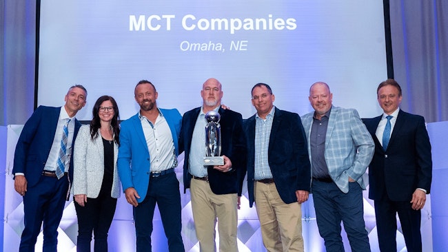 Carrier Transicold named MCT Companies its 2023 Dealer of the Year for the United States and Canada. From left to right are Sam Roach, Carrier Transicold Western region sales director; Alice DeBiasio, Carrier VP and GM for Truck Trailer Americas and digital solutions; Zach Willett, MCT sales manager; Todd Miles, MCT director of service operations; Tom Byrnes, MCT director of parts operations; Travis Peters, MCT director of sales; and Joe Porto, Carrier Transicold director of sales.