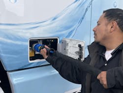 Refilling a Hyundai Xcient, a hydrogen fuel cell Class 8 truck, is as simple as refueling a diesel-powered truck and takes only 10 minutes.
