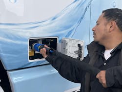 Refilling a Hyundai Xcient, a hydrogen fuel cell Class 8 truck, is as simple as refueling a diesel-powered truck and takes only 10 minutes. Refilling a Hyundai Xcient, a hydrogen fuel cell Class 8 truck, is as simple as refueling a diesel-powered truck and takes only 10 minutes.